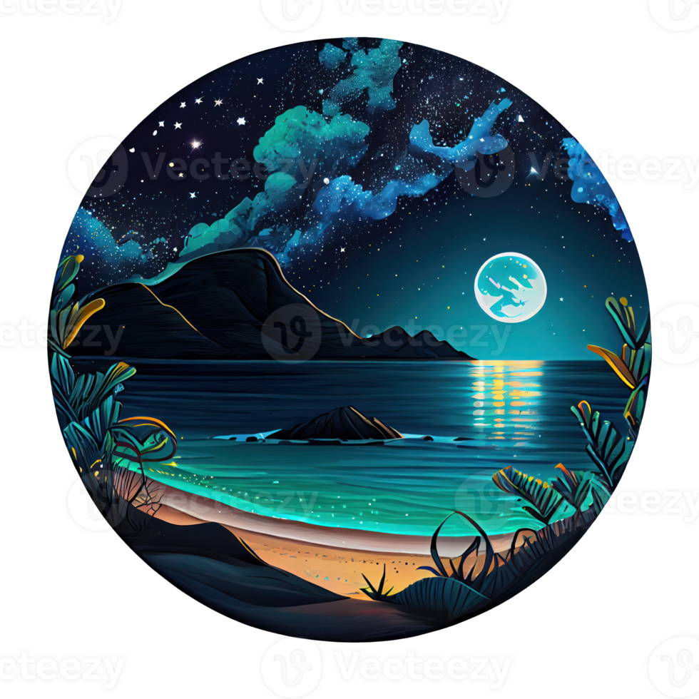 Moon and stars at night tess, landscape with palm trees, retro syntes color design, ocean wave . png