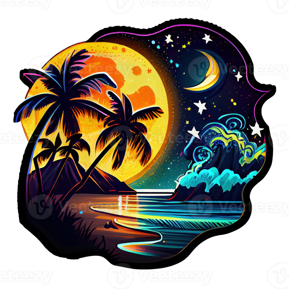 Moon and stars at night tess, landscape with palm trees, retro syntes color design, ocean wave . png