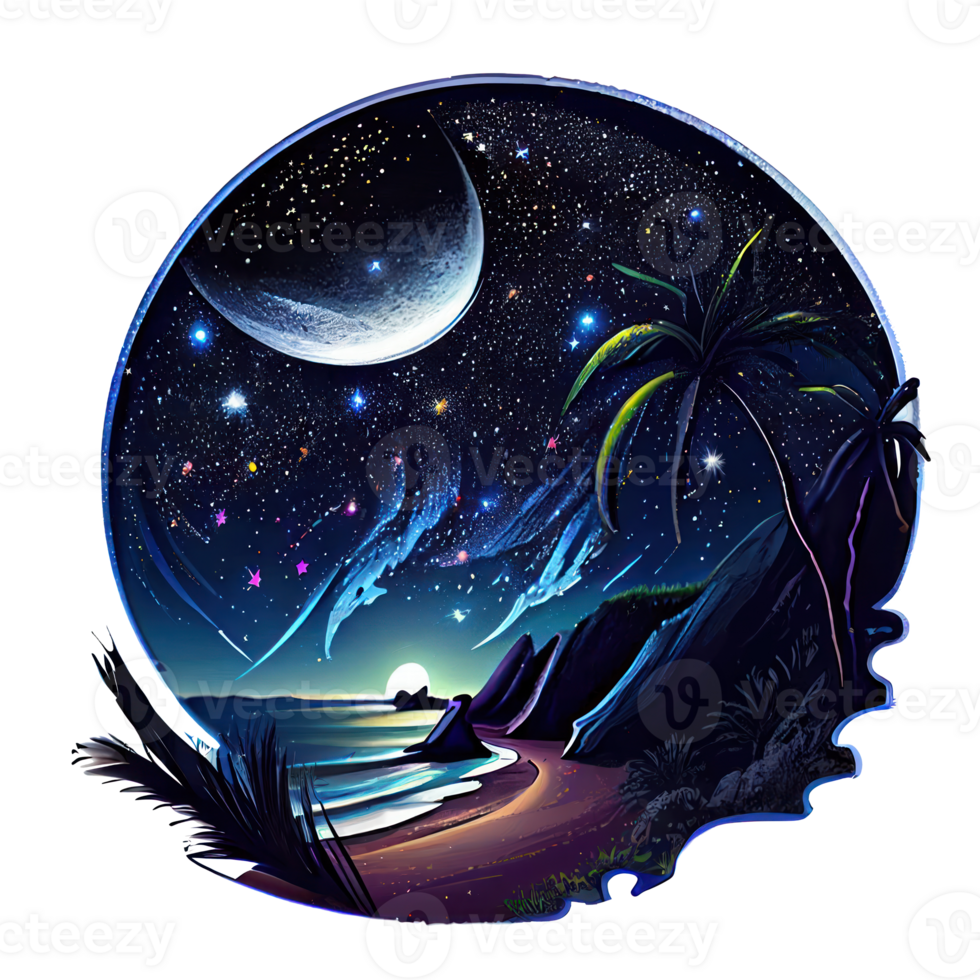 Luna e stelle a notte Tess, paesaggio con palma alberi, retrò syntes colore disegno, oceano onda . ai generato png