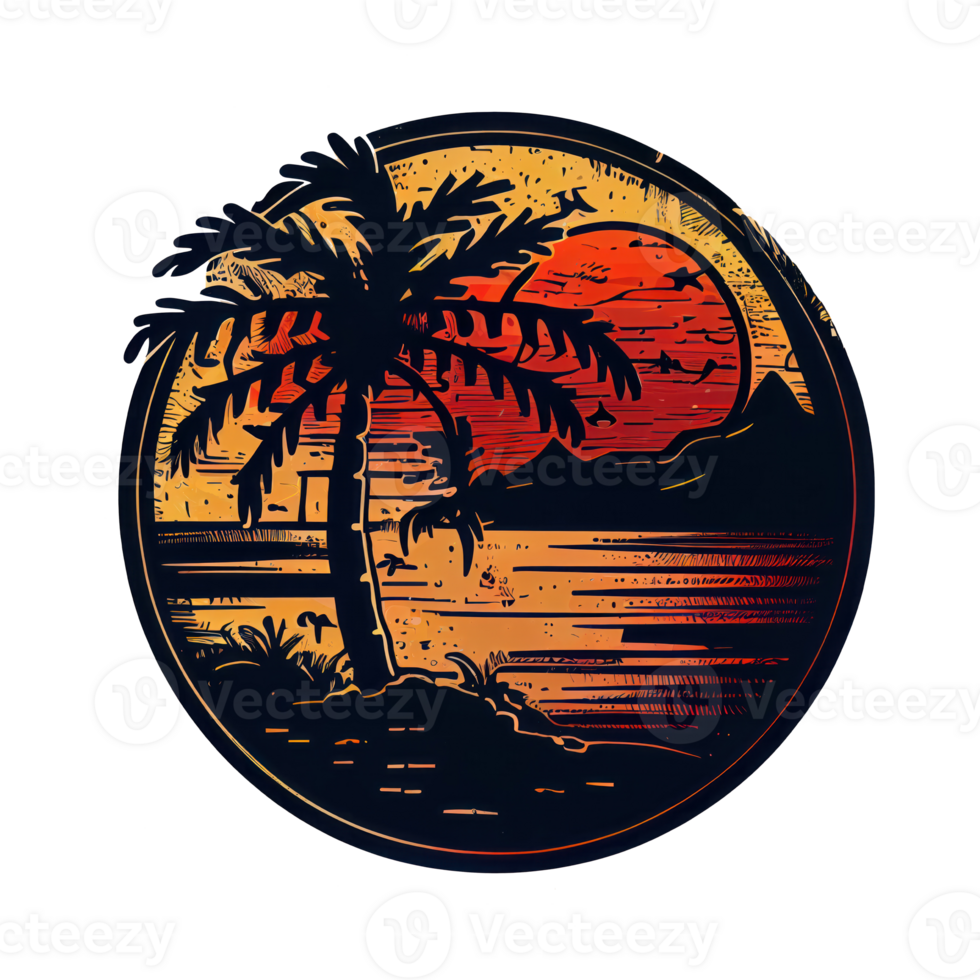 Synthwave sunset, landscape with palm trees, retro wave illustration . png