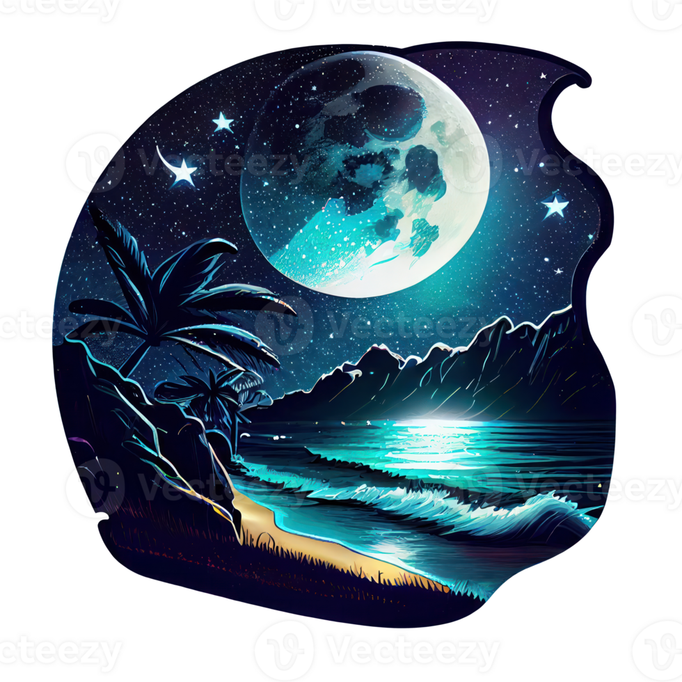 Moon and stars at night tess, landscape with palm trees, retro syntes color design, ocean wave . png
