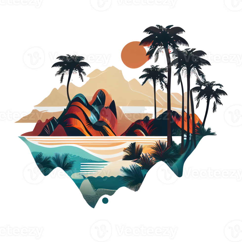 Synthwave sunset, landscape with palm trees, retro wave illustration . png