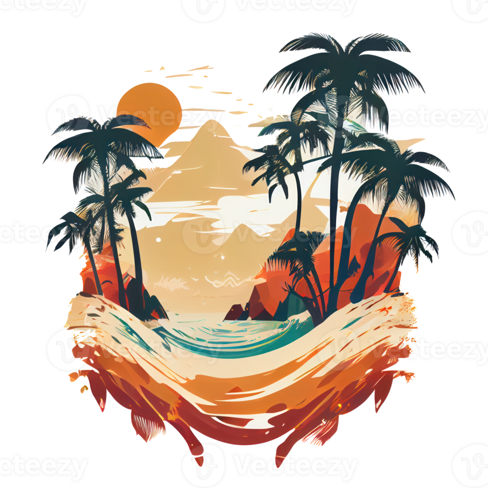 Synthwave sunset, landscape with palm trees, retro wave illustration . png