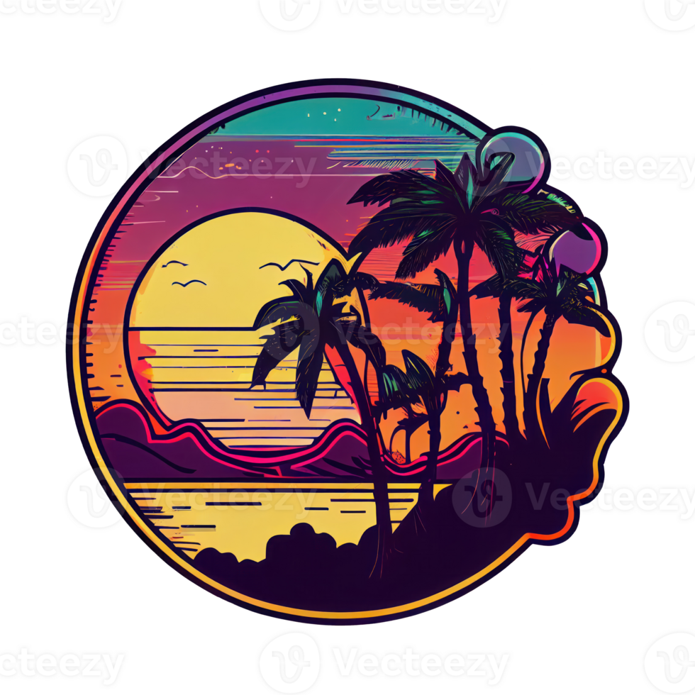 Synthwave sunset, landscape with palm trees, retro wave illustration . png