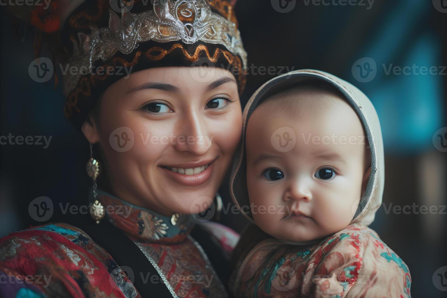 beautiful kazakh asian woman portrait in national costume. Woman with baby photo