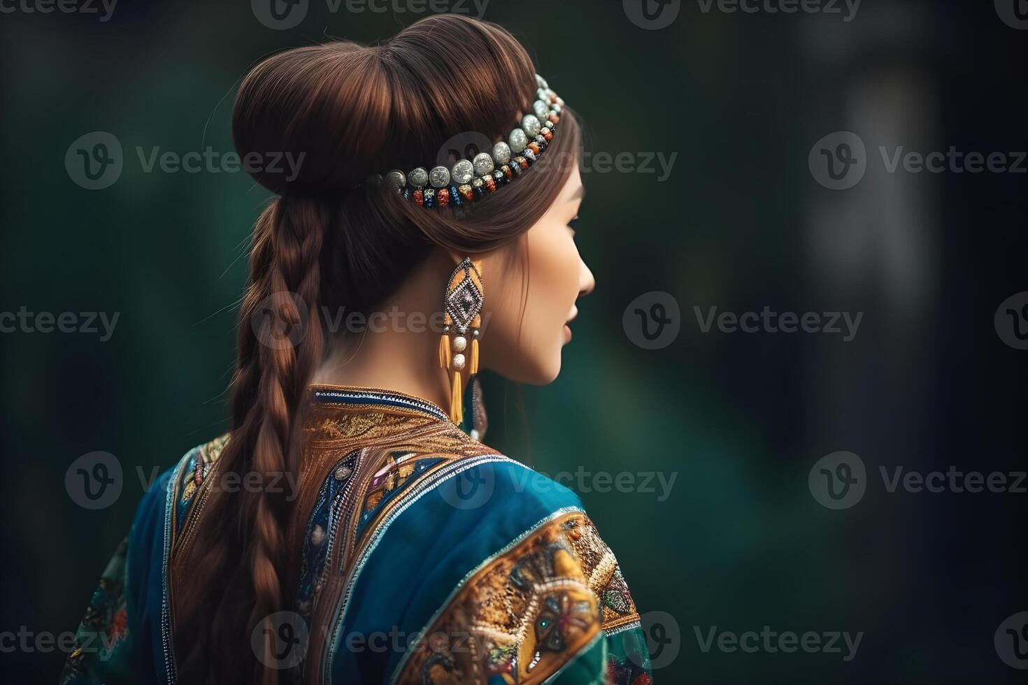 beautiful kazakh asian woman portrait in national costume. Woman with baby photo