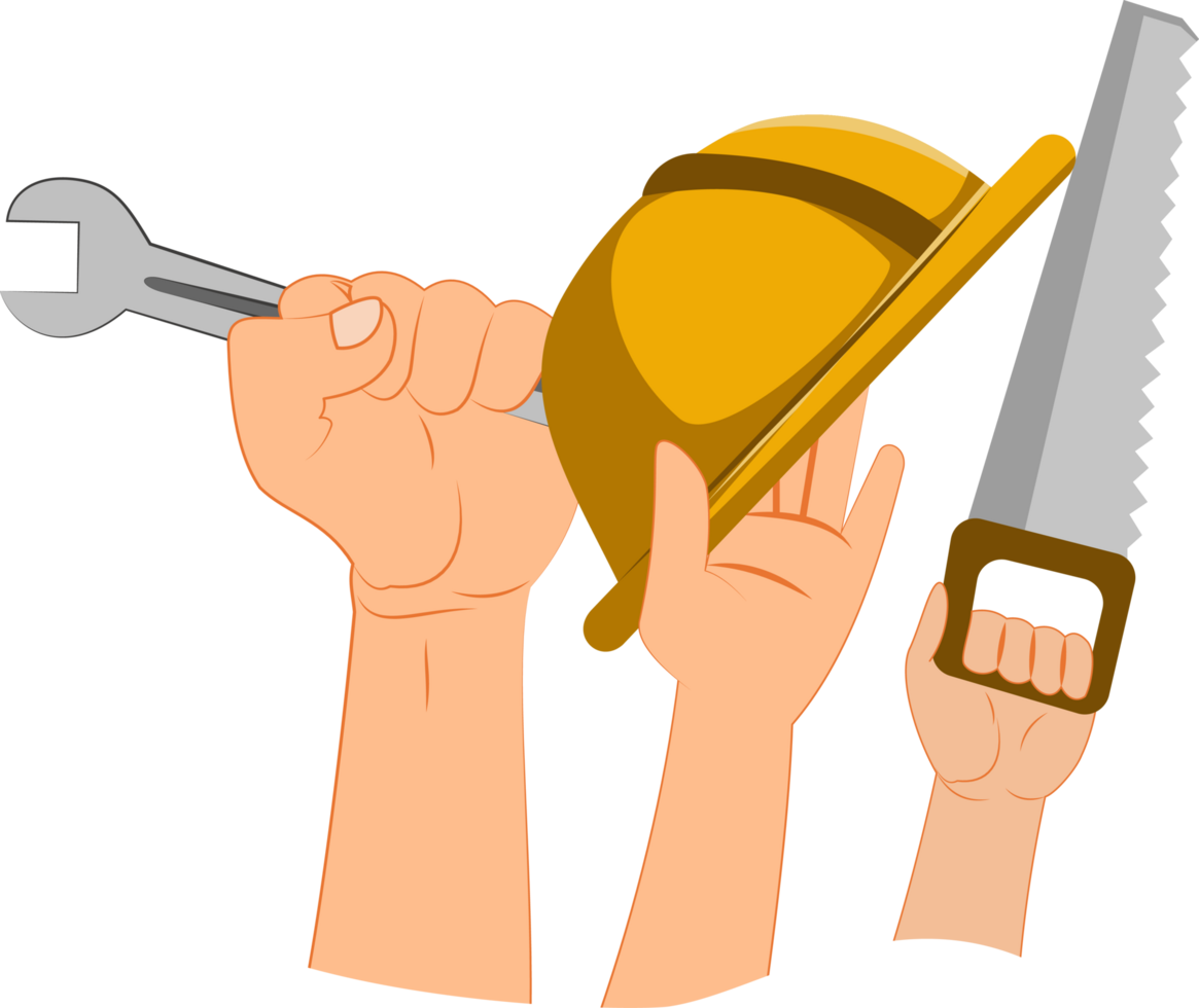 Hand halt Helm Projekt. Hand halt Schlüssel. Hand halt Kettensäge. Arbeit Tag Illustration Hintergrund. Handwerker. Arbeiter. Mechaniker. Arbeiter png