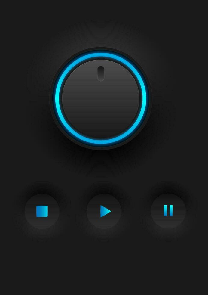 A set of dark style control knobs, circular sound playback for turning and There is a glowing circle with a keypad with a glowing icon in the middle of the black background. vector