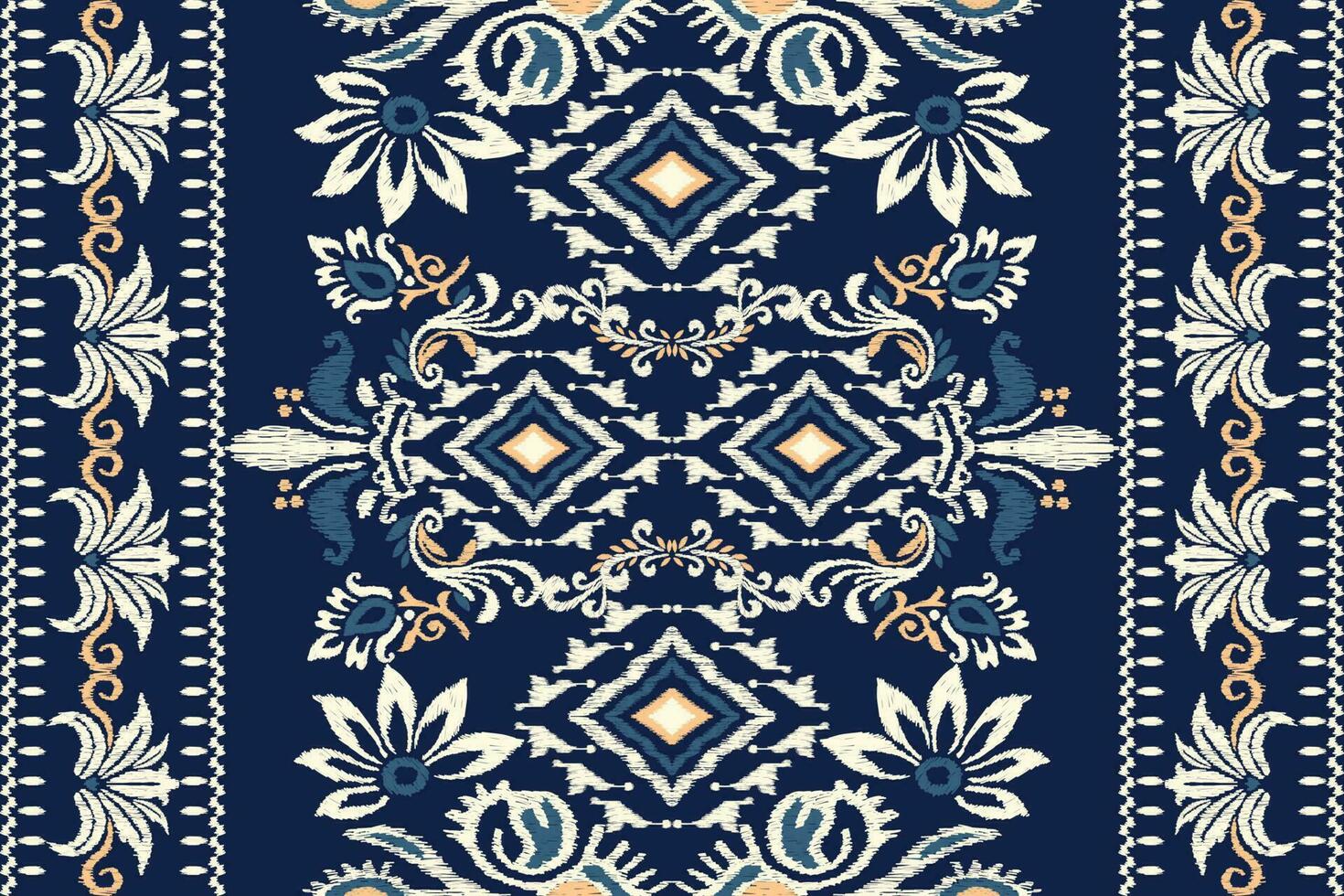 Ikat floral paisley embroidery on navy blue background.Ikat ethnic oriental pattern traditional.Aztec style abstract vector illustration.design for texture,fabric,clothing,wrapping,decoration,carpet.