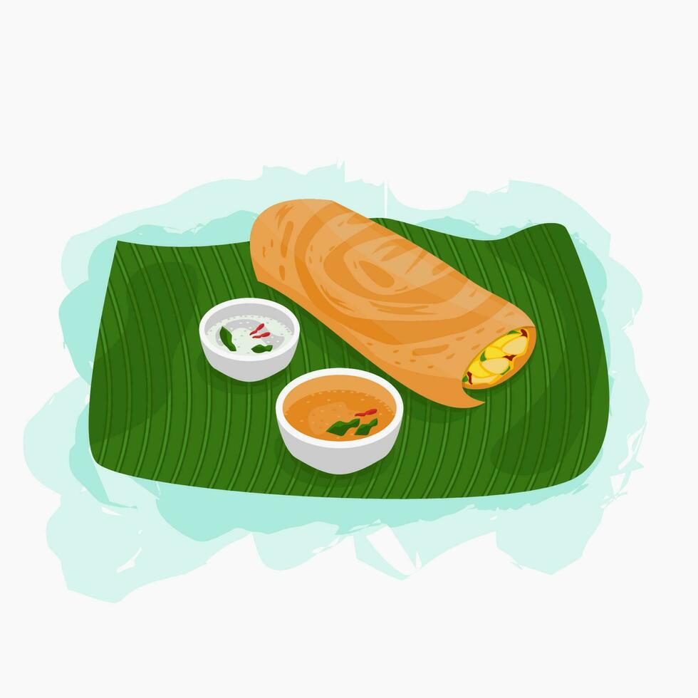Editable Top Side View Indian Masala Dosa With Chutney and Sambar on Banana Leaf Vector Illustration for Artwork of Cuisine Related Design With South Asian Culture and Tradition