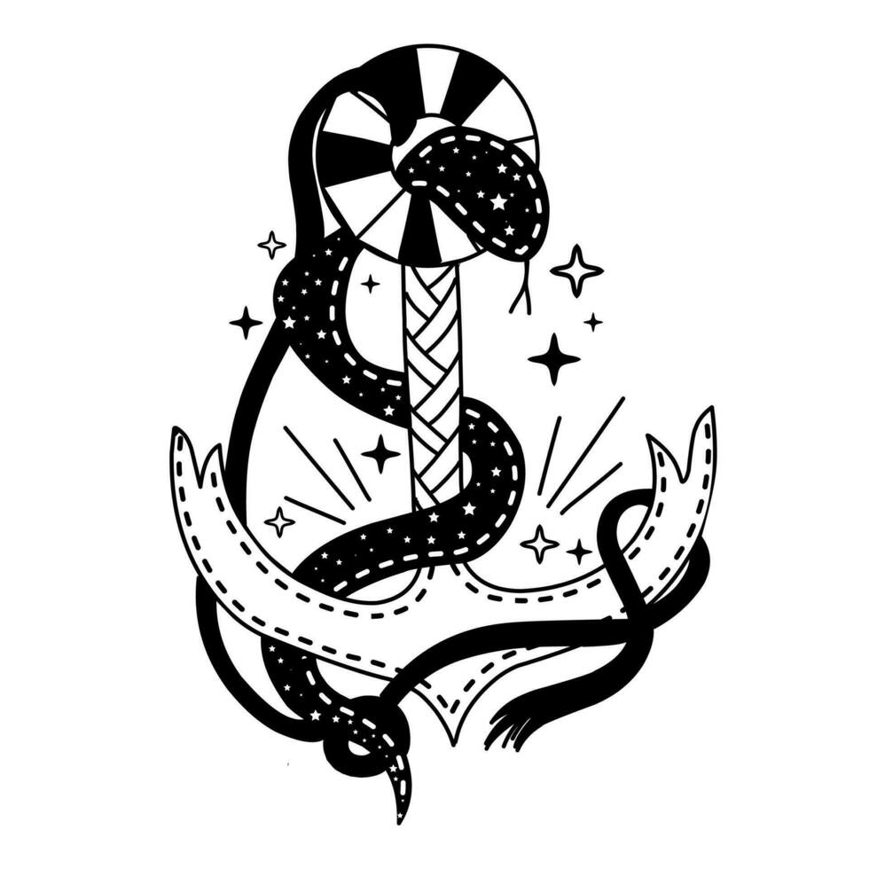 old school tattoo. Anchor. Sea snake. A snake wraps around an anchor.astrology tattoo style vector