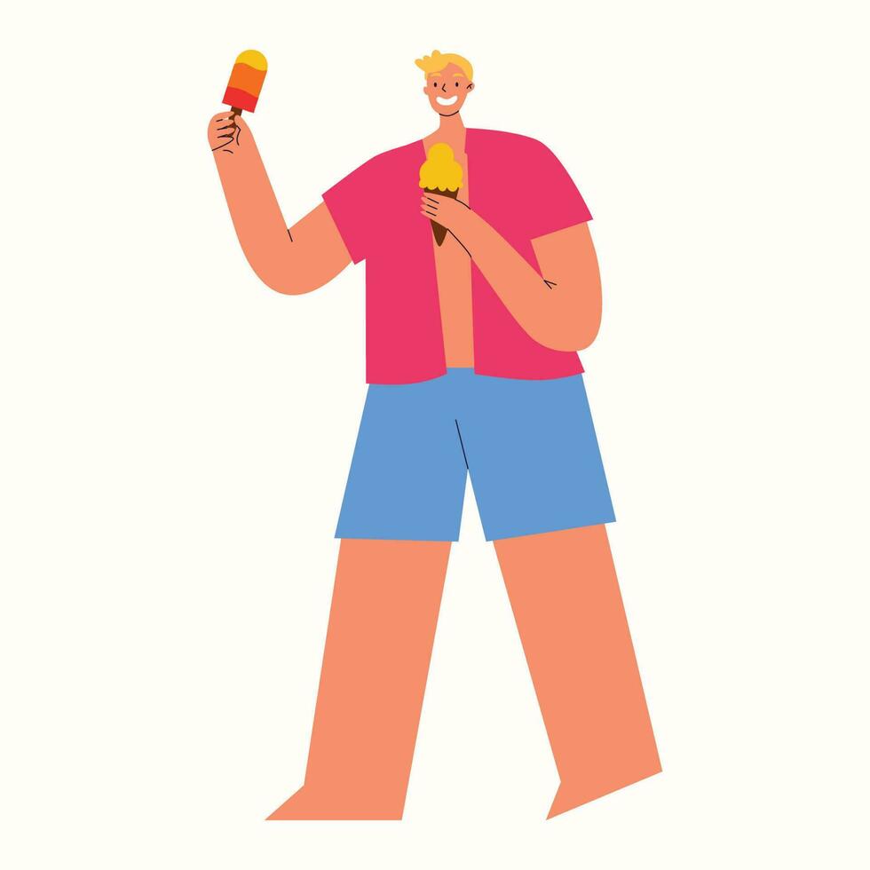 Young man holds fruits ice cream and smiling.Summer beach cute vector illustration in flat style in white background.