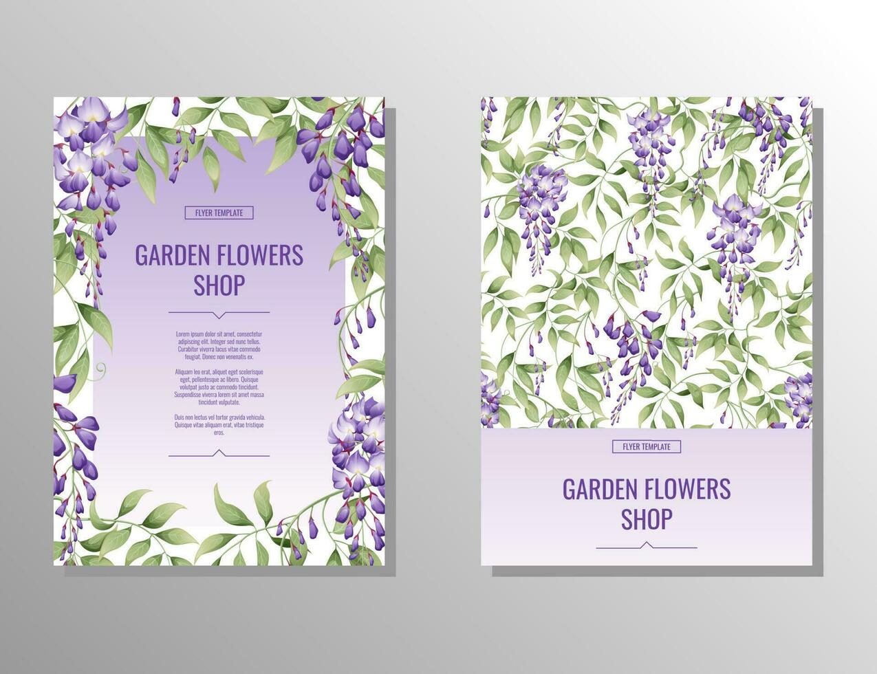 volantes conjunto con púrpura glicina flor y jardín tienda. bandera, póster, folleto, cubrir, plantilla, invitación a4 Talla para negocio vector