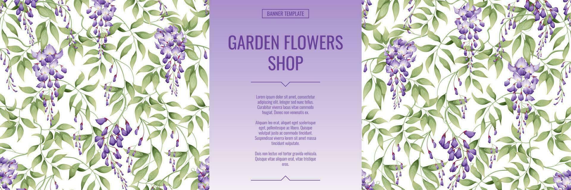 Banner with purple wisteria. Shop for flowers and garden plants. Poster,template, cover, web banner for product advertising. vector