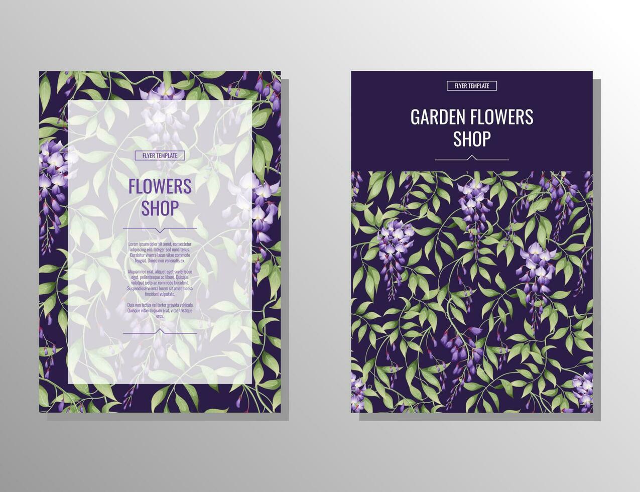 Flyer set with purple wisteria. Flower and garden shop. Banner, poster, brochure, cover, template, invitation a4 size for business vector