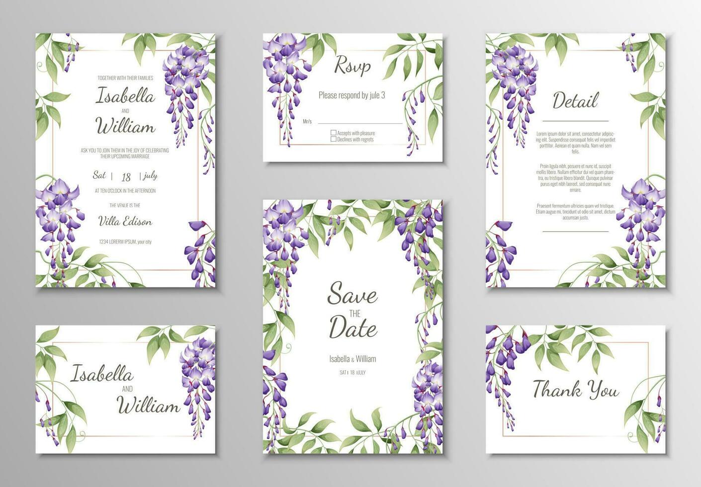 conjunto de Boda plantillas, pancartas, invitaciones para el vacaciones.hermosas tarjeta postal decoración con púrpura glicina vector