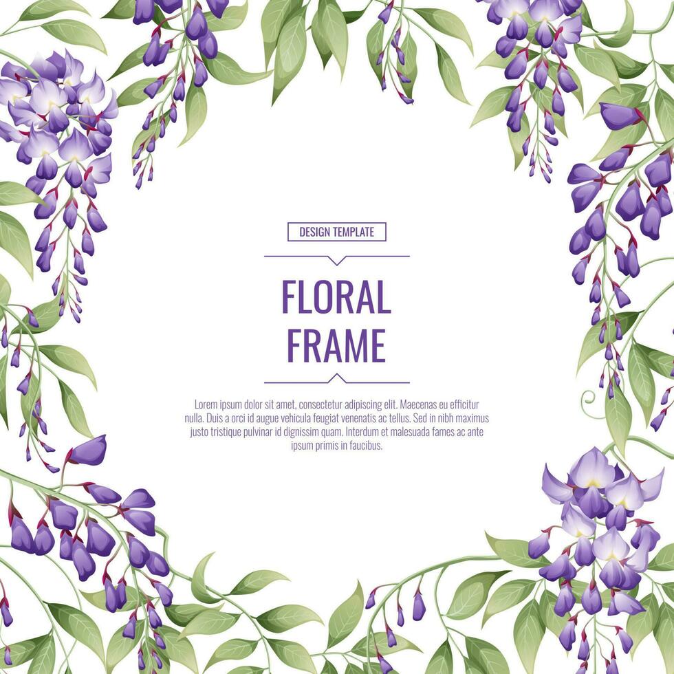 Floral frame with purple wisteria. Square background for the design of invitations, cards, banners, flyers, posters vector