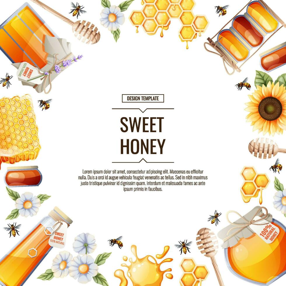 Round frame with honey products.Background, poster, banner, flyer with jar of honey, sunflower, honeycombs, bees. vector