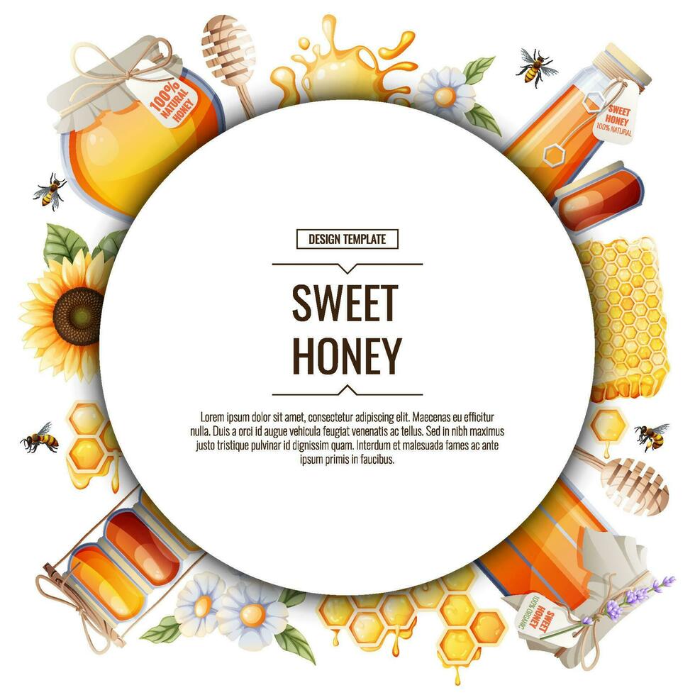 Round frame with honey products.Background, poster, banner, flyer with jar of honey, sunflower, honeycombs, bees. vector