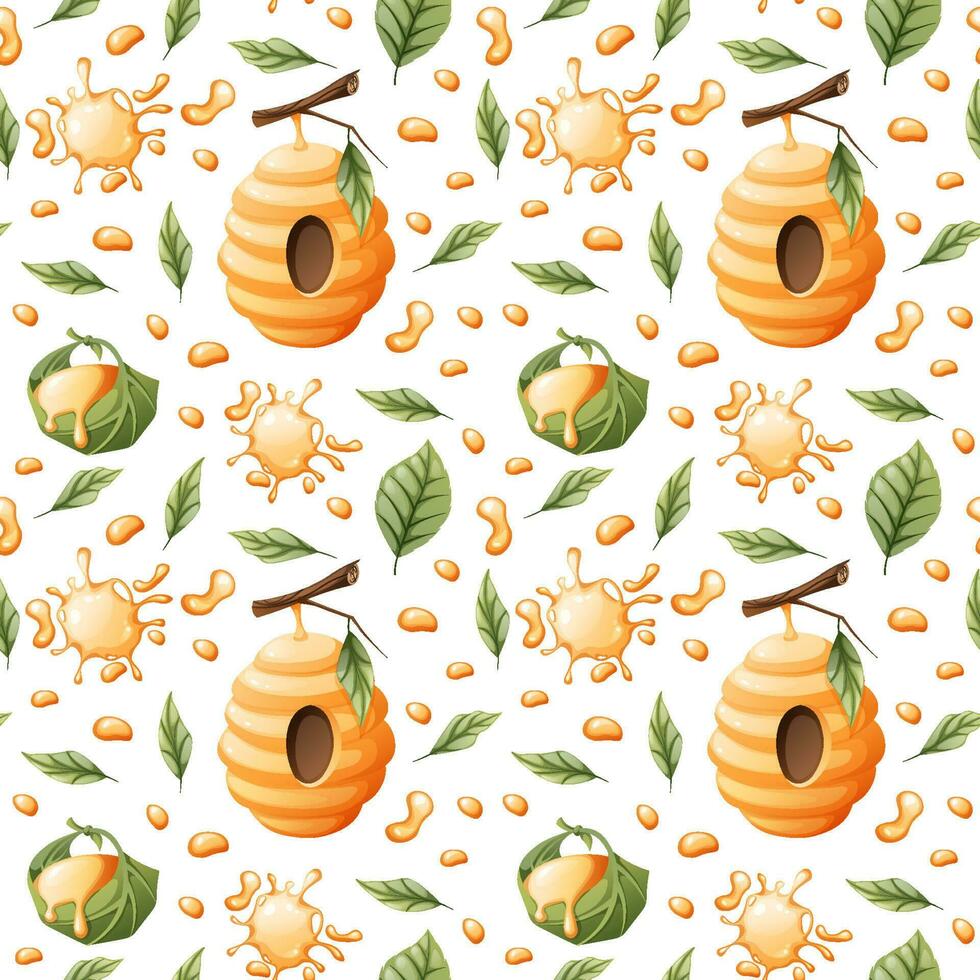 Seamless pattern with honey drops, beehives, leaves. Suitable for wallpaper, fabric, textile, paper. vector