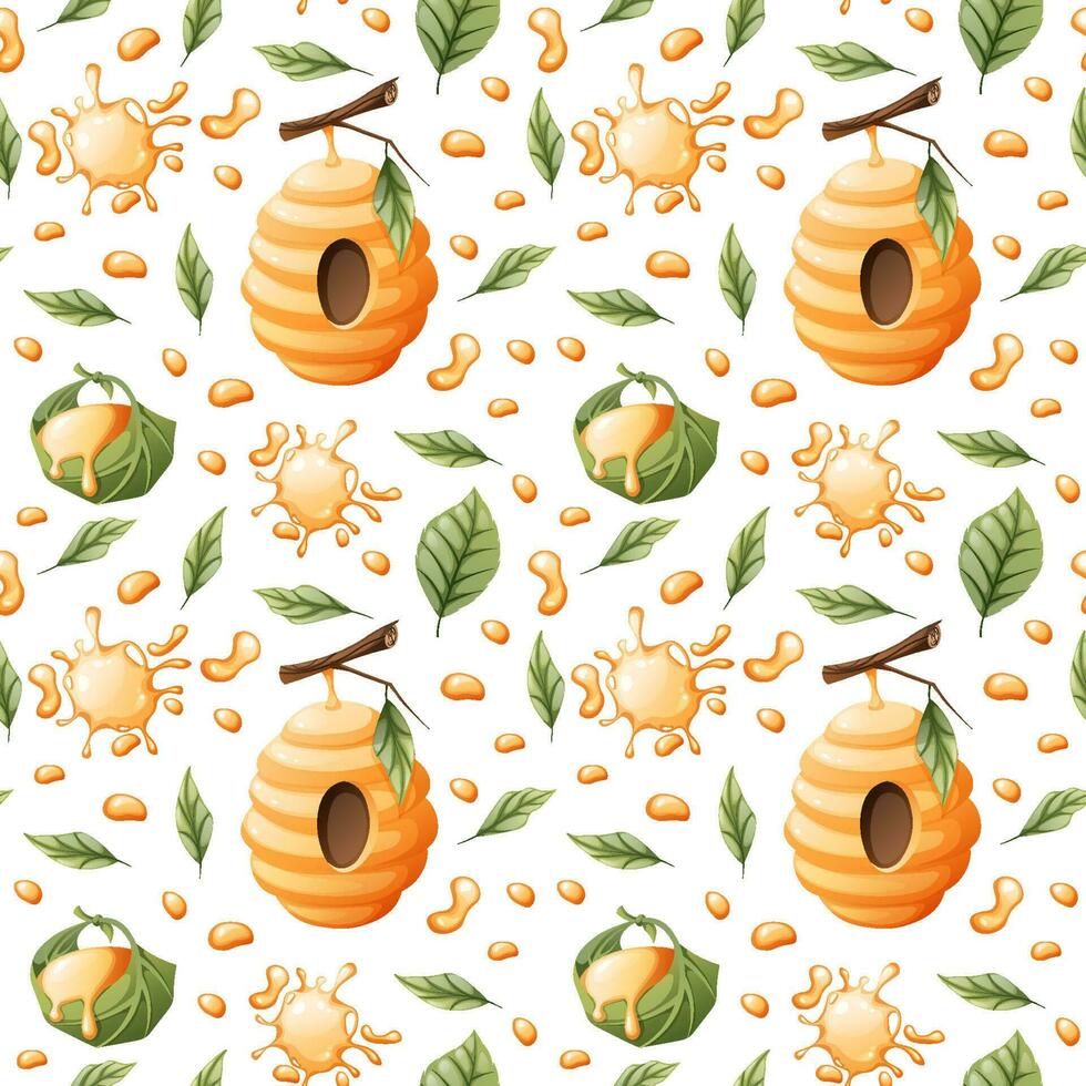 Seamless pattern with honey drops, beehives, leaves. Suitable for wallpaper, fabric, textile, paper. vector