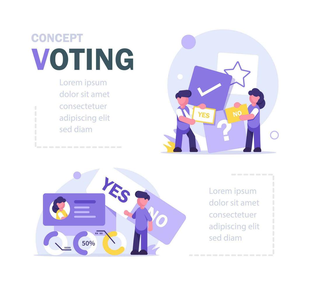 Characters are standing with signs,Voting, polling, feedback and quality testing. Vector flat illustration