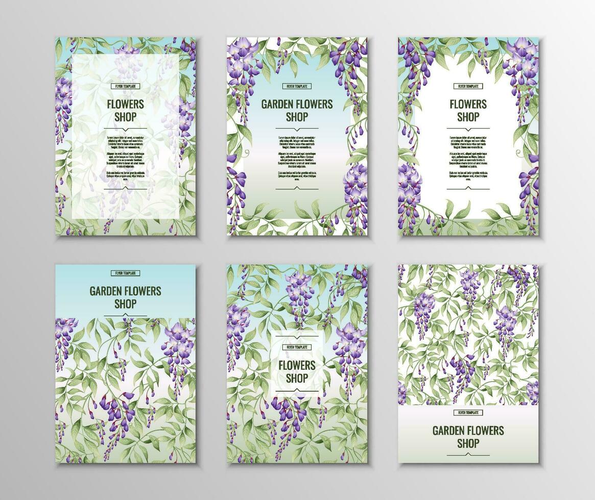 Set of flyer templates for poster, invitations with purple wisteria. A4 size background. vector