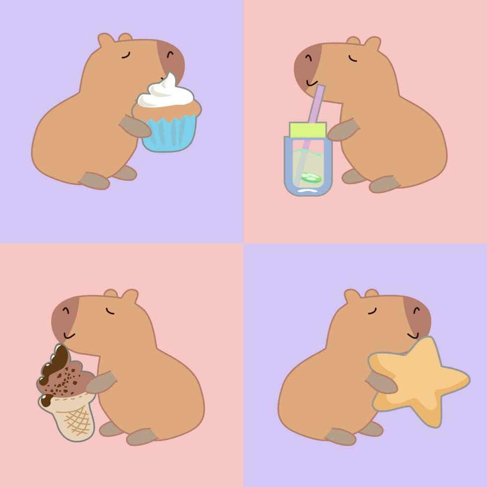 Seamless pattern with capybara, stars, flowers, strawberry,cute cupcakes and drink in the doodle kawaii vector