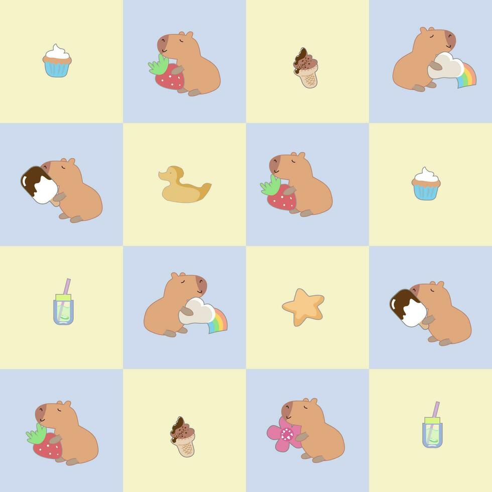 Seamless pattern with capybara, stars, flowers, strawberry,cute cupcakes and drink in the doodle kawaii vector