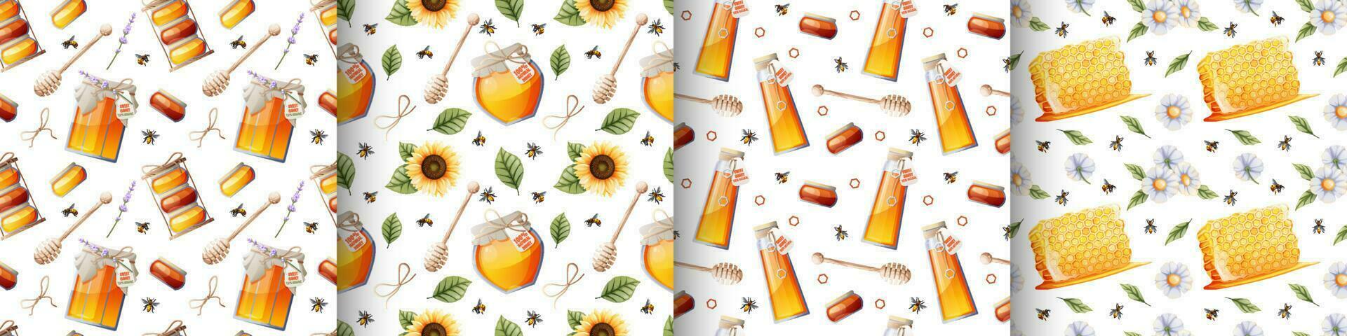 Set of seamless patterns with jar of honey, sunflower, bees and honey.Great for textile, fabric, paper wallpaper. vector