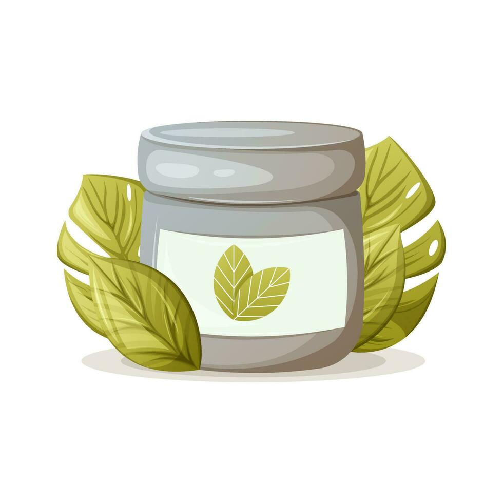 Face and body cream in a jar surrounded by tropical monstera leaves. Decorative cosmetics from natural ingredients. The concept of skin care, health.Trendy vector illustration.