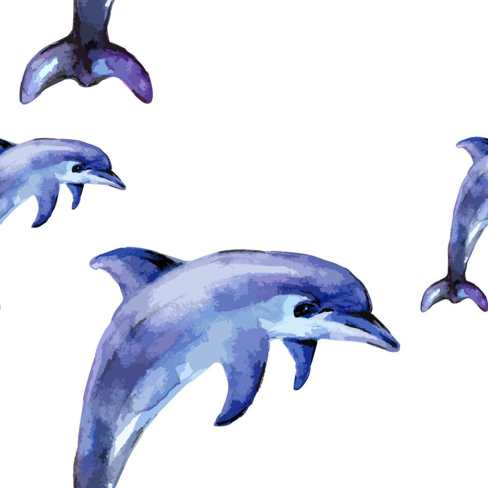 delfines acuarela sin costura modelo antecedentes. mano pintado azul delfín. fondo de pantalla, acuarela tela, azul envase adornosacuarela tela, niños habitación. vector
