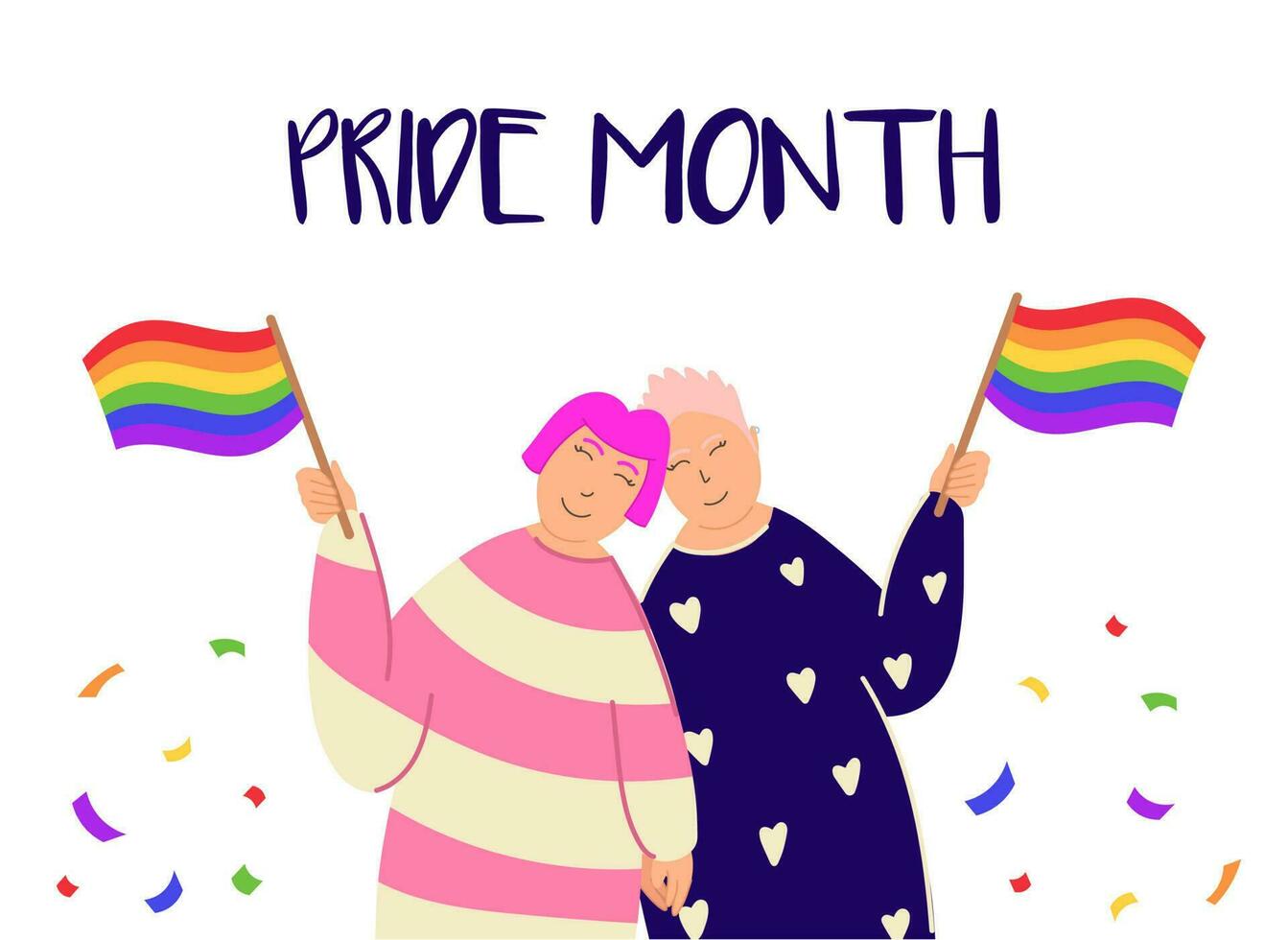 Vector Pride month poster with two smiling women holding lgbt flags. Pride month poster with two lesbians.