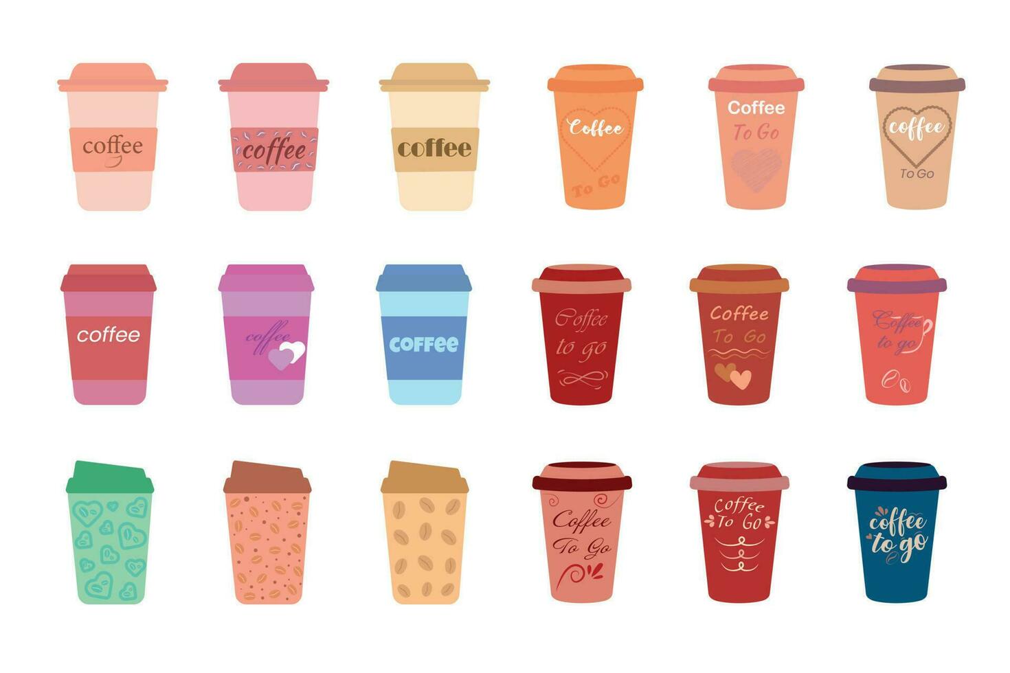 Coffee to go. Vector. Disposable coffee cups. Cardboard packaging for hot street drinks, plastic caps are varied. vector