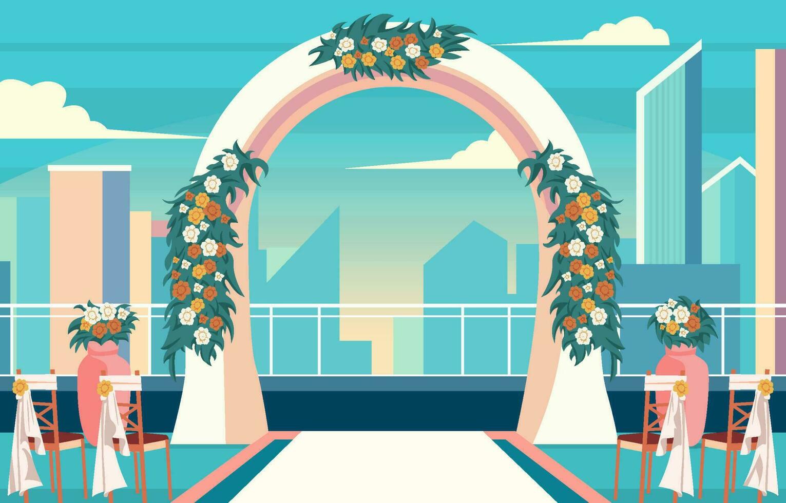 Modern Wedding Arch On Skycraper Rooftop Background vector