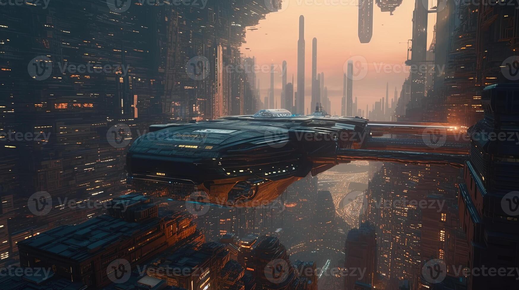 wartorn futuristic city with giant spaceship, digital art illustration, photo