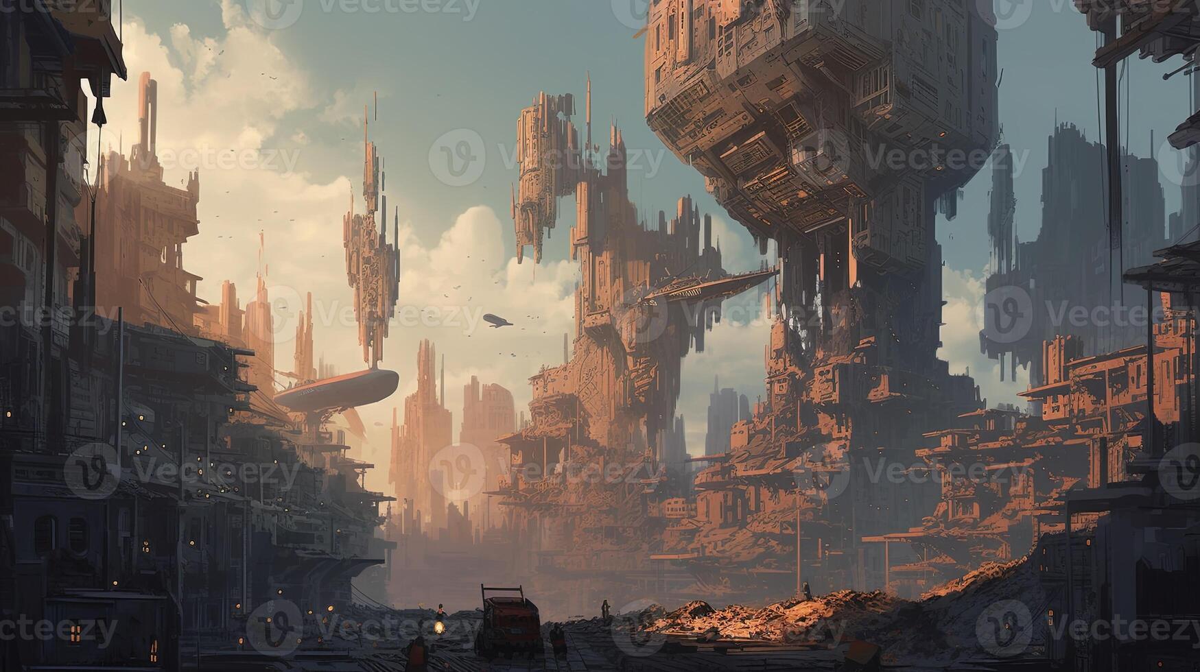 wartorn futuristic city with giant spaceship, digital art illustration, photo