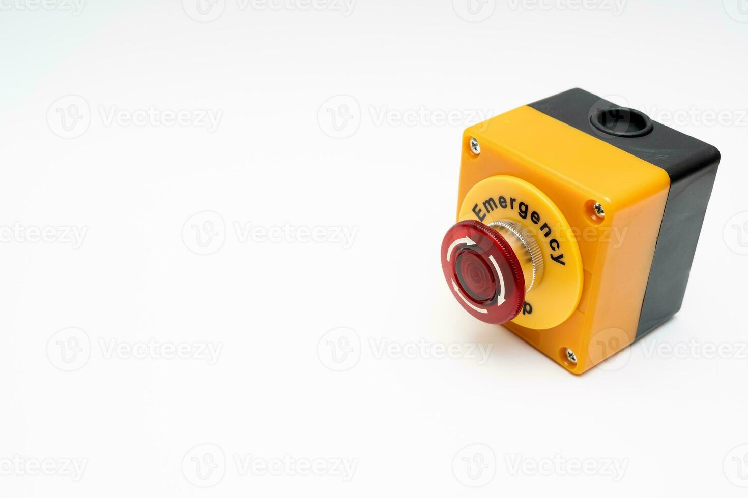 emergency stop button. Big Red emergency button or stop button for manual pressing. STOP button for industrial equipment, emergency stop. Red light. At the factory and industrial facility. photo