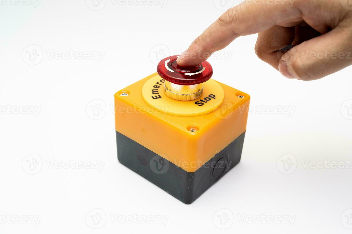 Stop Red Button and the Hand of Worker to Press it. emergency stop button. Big Red emergency button or stop button for manual pressing. isolated on white background. photo