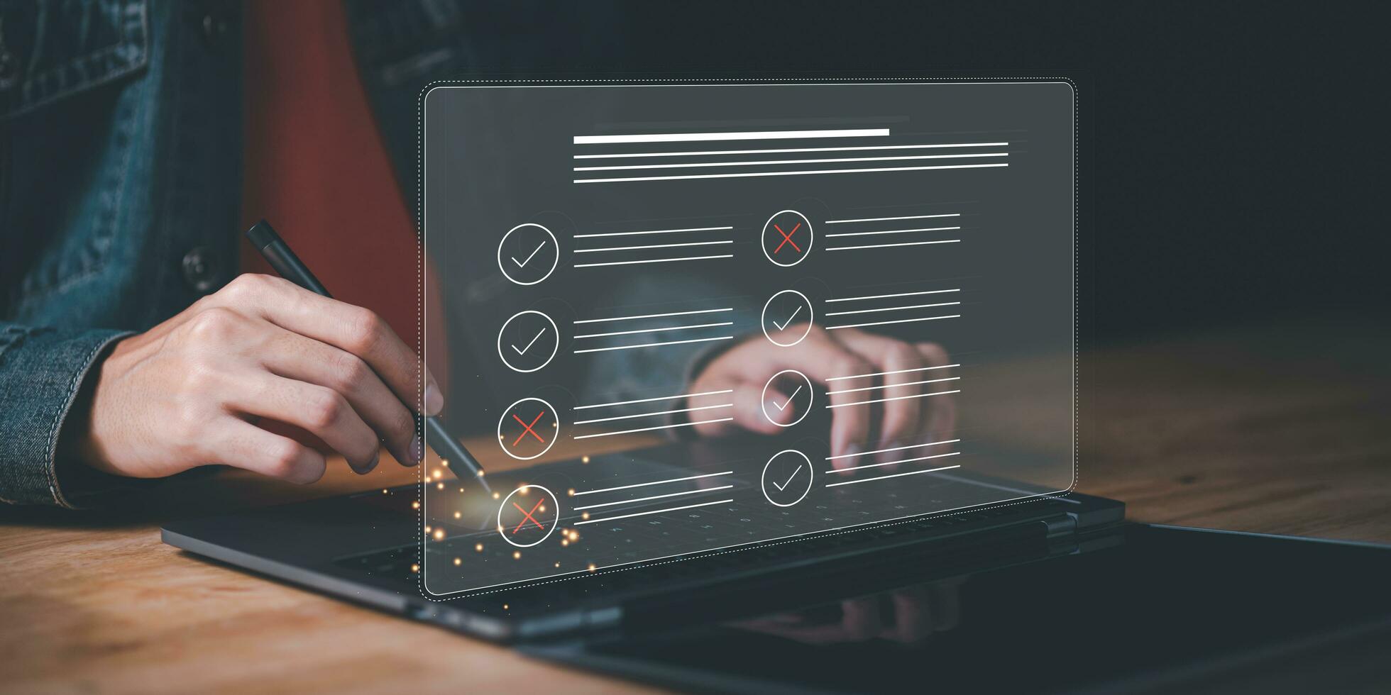 operator makes mark on the survey topic ,checkbox to conduct opinion and quality surveys or satisfaction , quality inspection ,checklist ideas ,answering questionnaires ,Online Assessment photo