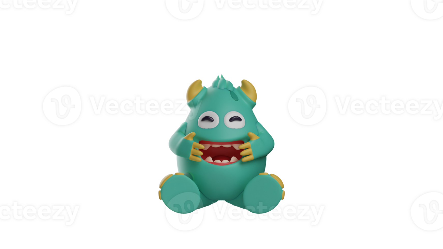 3D illustration. Cheerful Monster 3D Cartoon Character. Happy monster sitting smiling broadly. The monster widens its smile using both hands. 3d cartoon character png