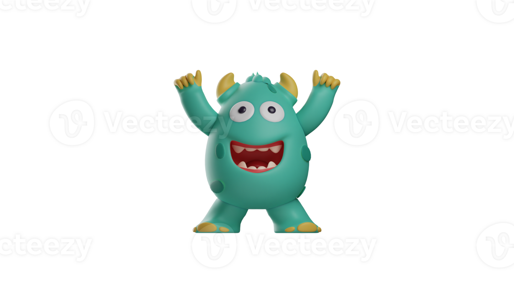 3D illustration. Happy Monster 3D Cartoon Character. The blue monster is feeling happy and expresses it by raising both hands. The adorable monster smiled broadly. 3d cartoon character png