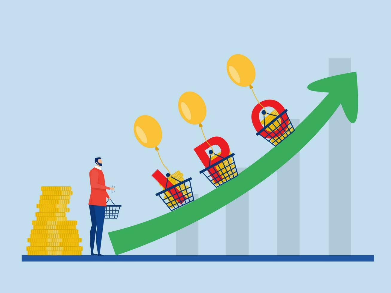 IPO, initial public offering. businessman looking for invest with basket and money coins with the alphabet IPO riding on green rising up trading price graph.vector vector