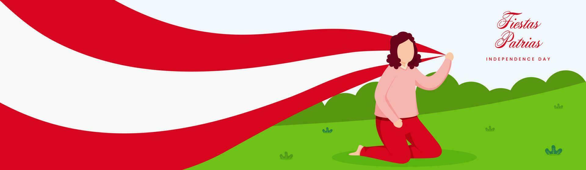 Fiestas Patrias Independence Day Concept With Faceless Young Girl Holding Peru Flag On White And Green Background. vector