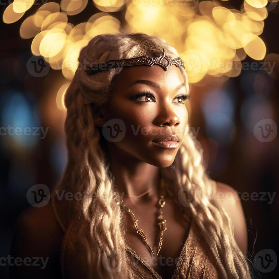 Portrait Dark-skinned, African woman with long white hair dreadlocks. photo