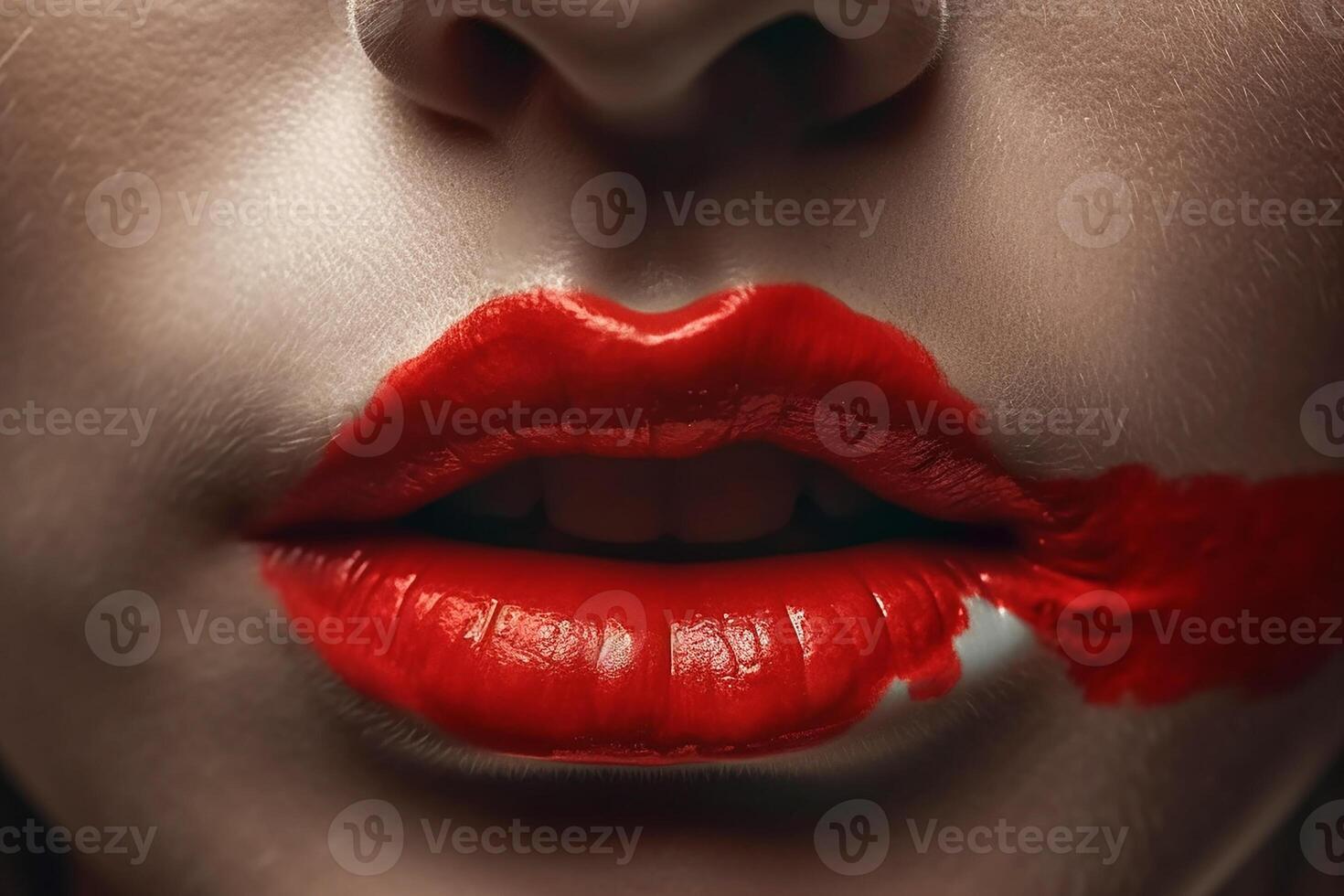 de cerca de un mujer labios son pintado rojo lápiz labial y manchado generativo ai foto