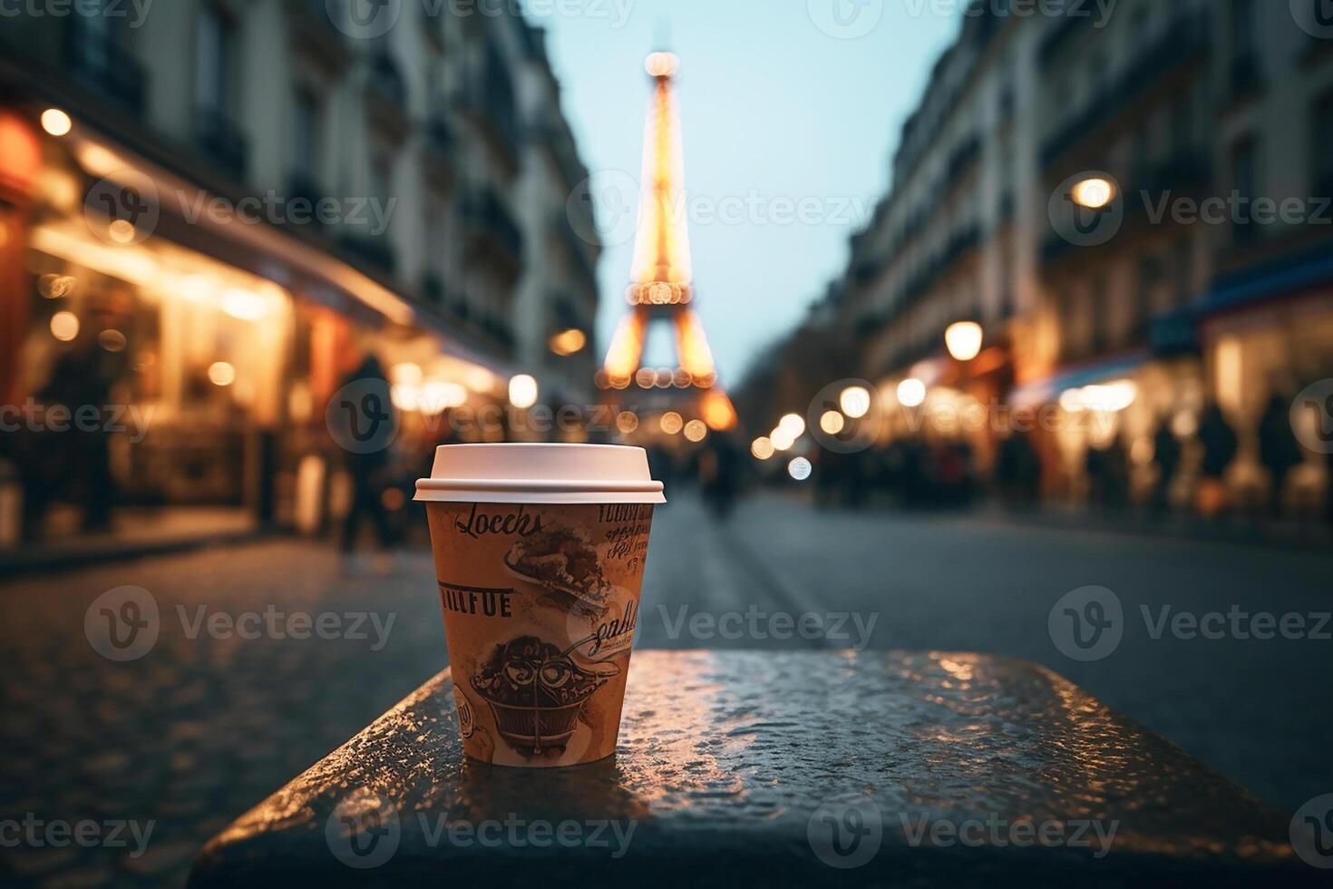 Coffee anywhere, a paper cup of coffee on the table in Paris. photo