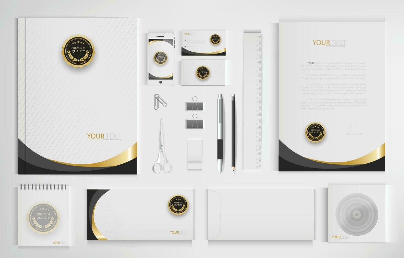 Office equipment kits include notebooks, business cards, pencils, pens, erasers, rulers, scissors. vector