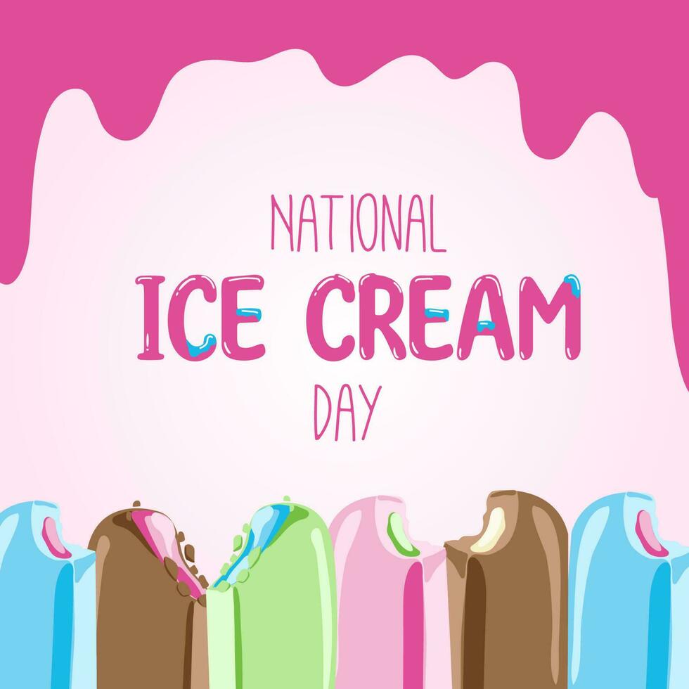 Happy National Ice Cream Day card. A waffle cone with various fruit ice cream scoops. Vector banner in flat cartoon style.