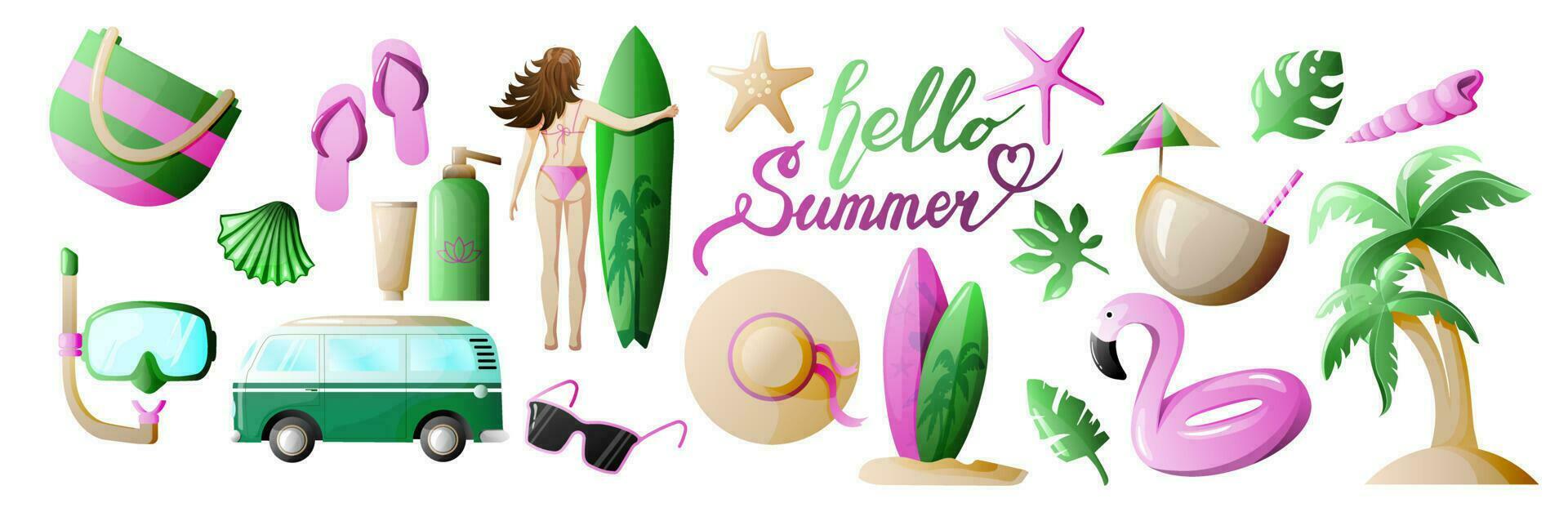 Colourful Set of cute summer icons seashells, coconut, starfish, flamingo, surfboard, palms, hat, leaves, minibus. Vacation accessories for sea holidays. Beach stuff for summer travel set vector